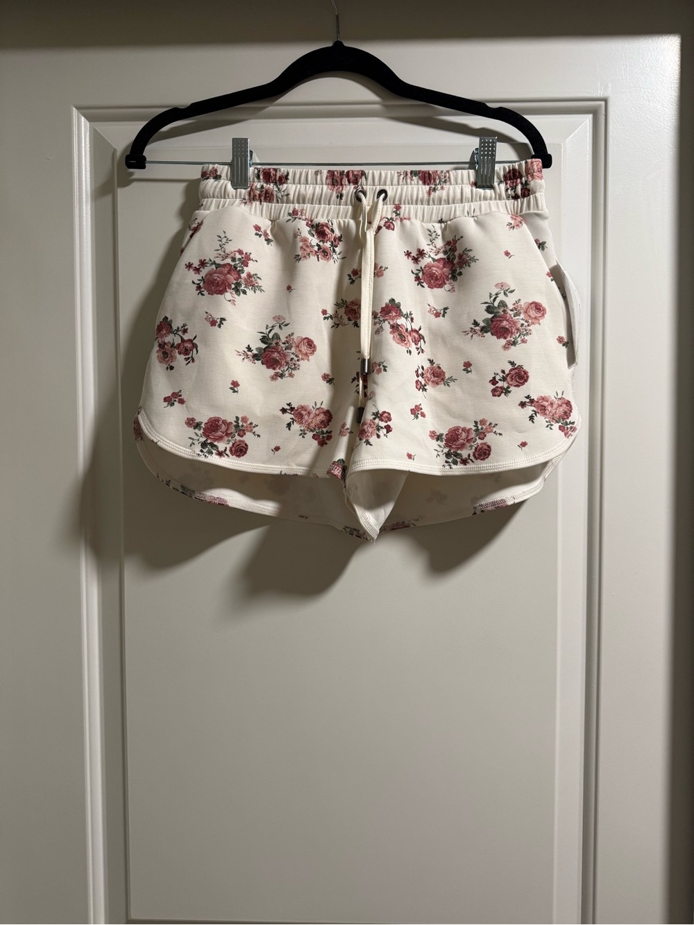 Altar'd State Cream Floral Drawstring Athletic Shorts with Pink Roses